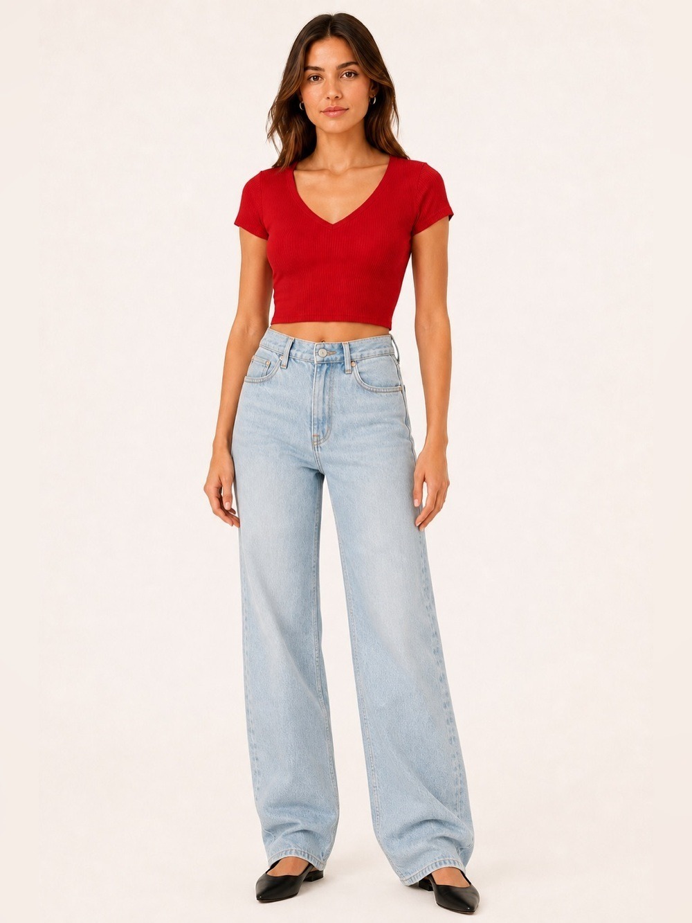 Bozzolo Red Short Sleeve V-Neck Ribbed Cropped Top Size Small
